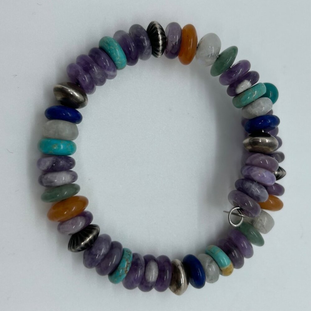 Vintage Carolyn Pollack Sterling Silver Multi Gemstone Memory Wire Bracelet 90s - Picture 2 of 13